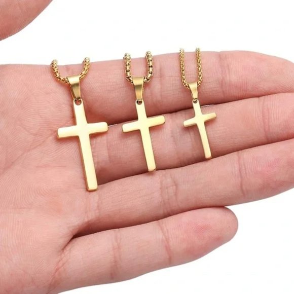 14k Yellow Gold Cross Pendant Box Chain Necklace 16” - Picture 5 of 6